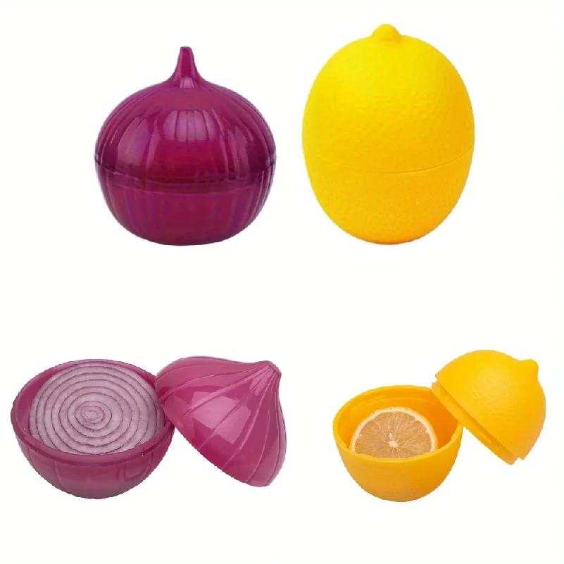 Lemon & Onion Shaped Food Savers, Reusable Plastic Fresh Storage Containers with Flip Top Lid, Freezer Safe Kitchen Organizer