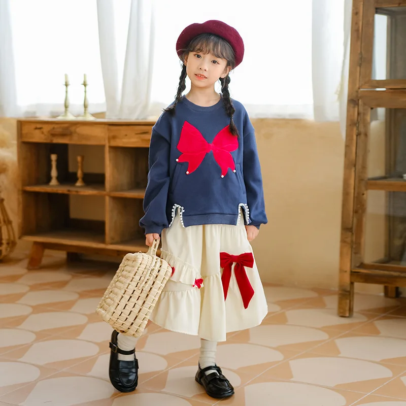 

2024 Autumn Winter Children Girl Clothing Set Junior Girl Embroidered Studded Sweatshirt+Irregular Bow Skirt Set For Girls