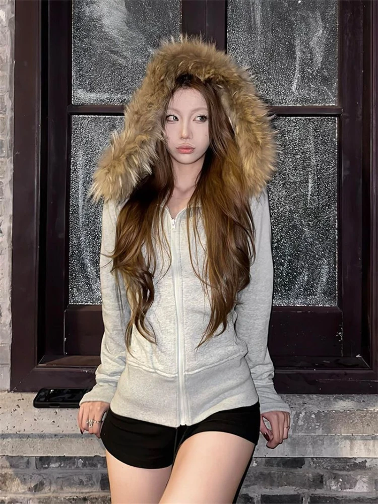 Y2k American Vintage s kapucí, dámská bunda s dlouhým rukávem a umělou kožešinou, ležérní zip, čistě barevný kabát, streetwear, podzim 2025 - náhled 3