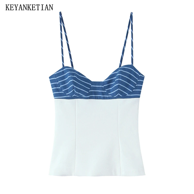 

KEYANKETIAN 2025 Summer New Women's Striped Patchwork Spaghetti Strap Vest Corset Leisure style Side Zipper Slim Sleeveless Top
