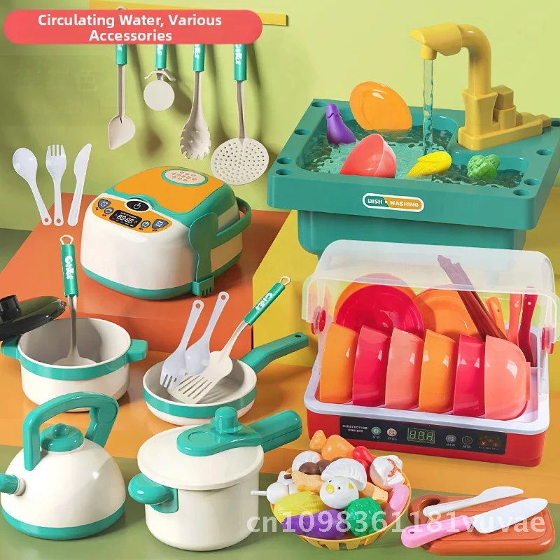 Kids Play House Kitchen Toy Set with Dishwasher Sink Hand Fruit Vegetables for Girls 2-3 Years Old Simulation Cooking Role Play