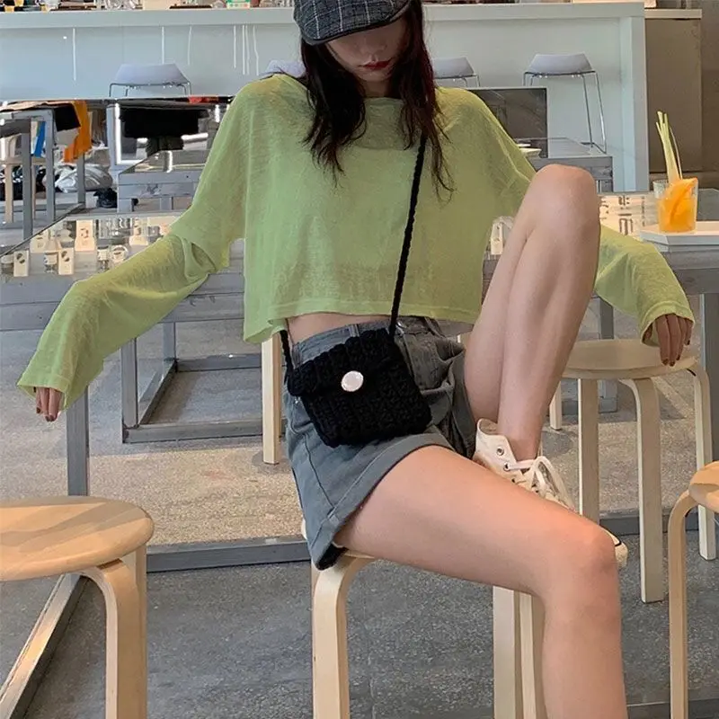 Thin Loose Hollow Out Sexy Tops Summer New Long Sleeve Solid Loose Simplicity Casual Short T Shirts Fashion Korean Women Clothes