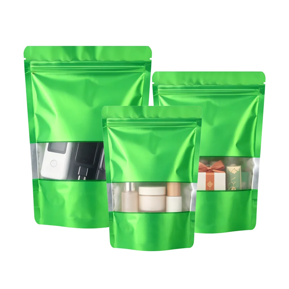 Dark Green Colored Windowed Stand-Up Pouches, Fifty Pieces, Self-Sealing Bags for Stationery and Accessories, Matte Frosted Stand-Up Display Packaging Bags, Aluminum Foil Plastic Packaging Bags
