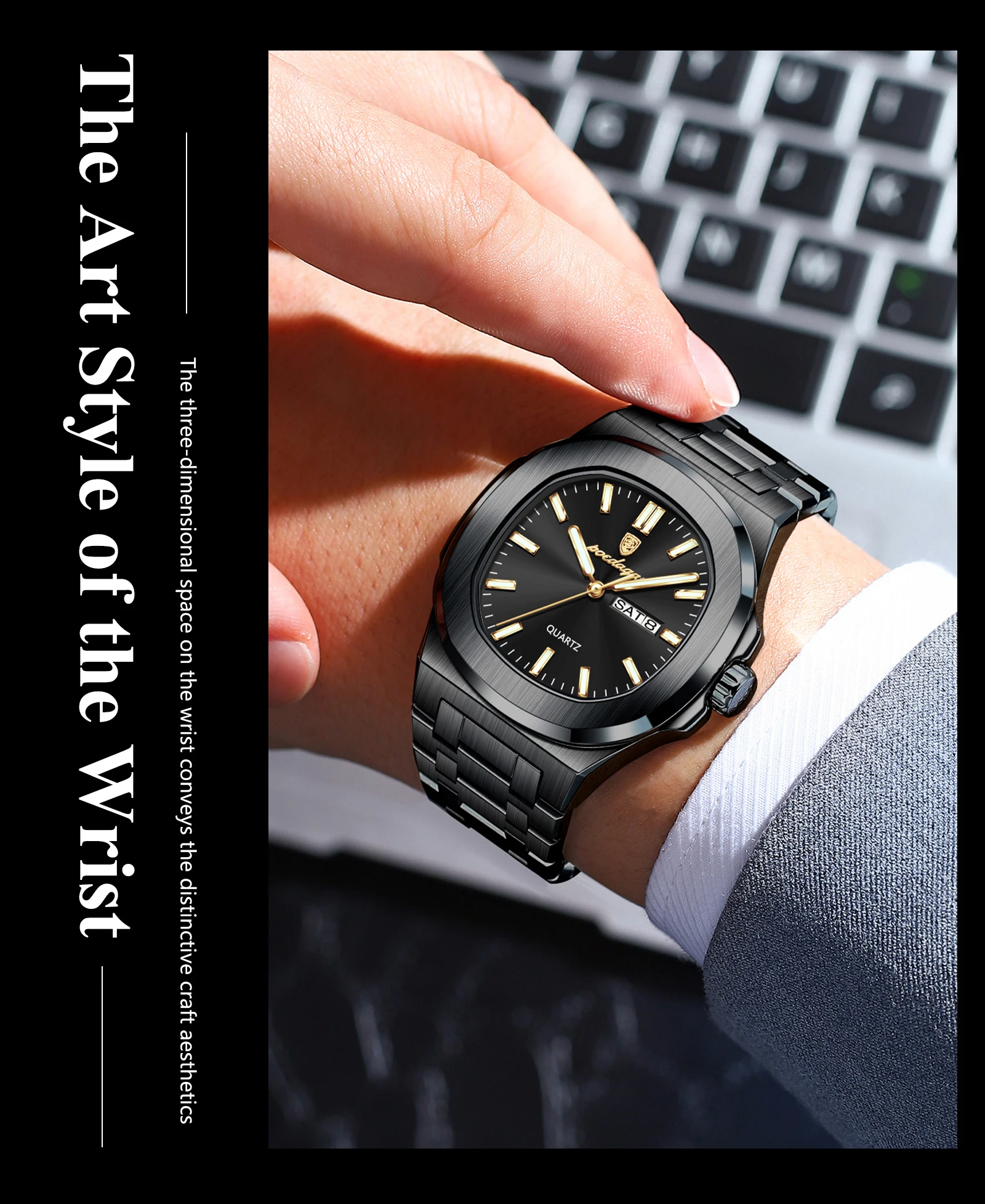 POEDAGAR Luxus Platz herren Uhren Wasserdicht Leucht Datum Woche Männer Uhr Edelstahl Mode Quarz Mann Armbanduhr Reloj – Detail 13