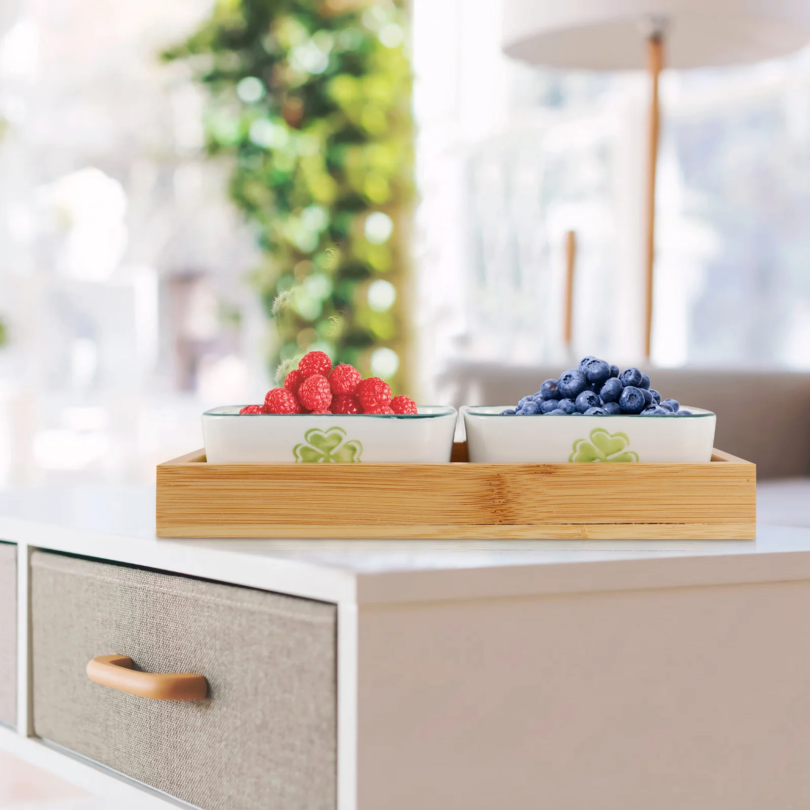 

Divided Fruit Tray Ceramic Plates Snack Serving Tray Wood Holder Cartoon Pattern Long Lasting Multi Use Storage