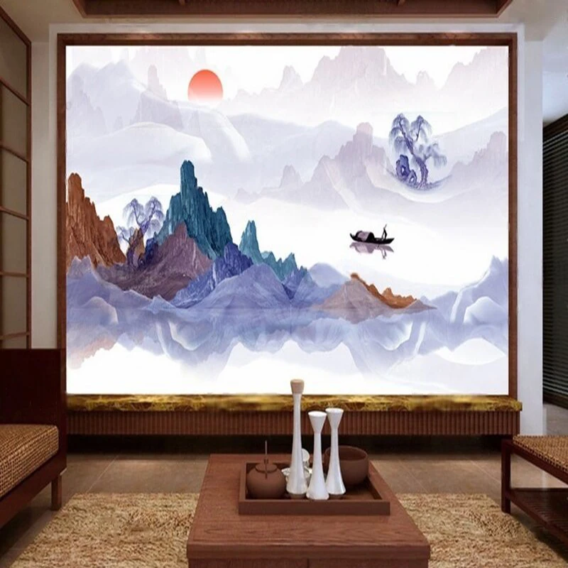 New Chinese-Style Minimalist Landscape Small Boat At Sunset With Trees Countryside And Village -Beautiful Living Room Decoration
