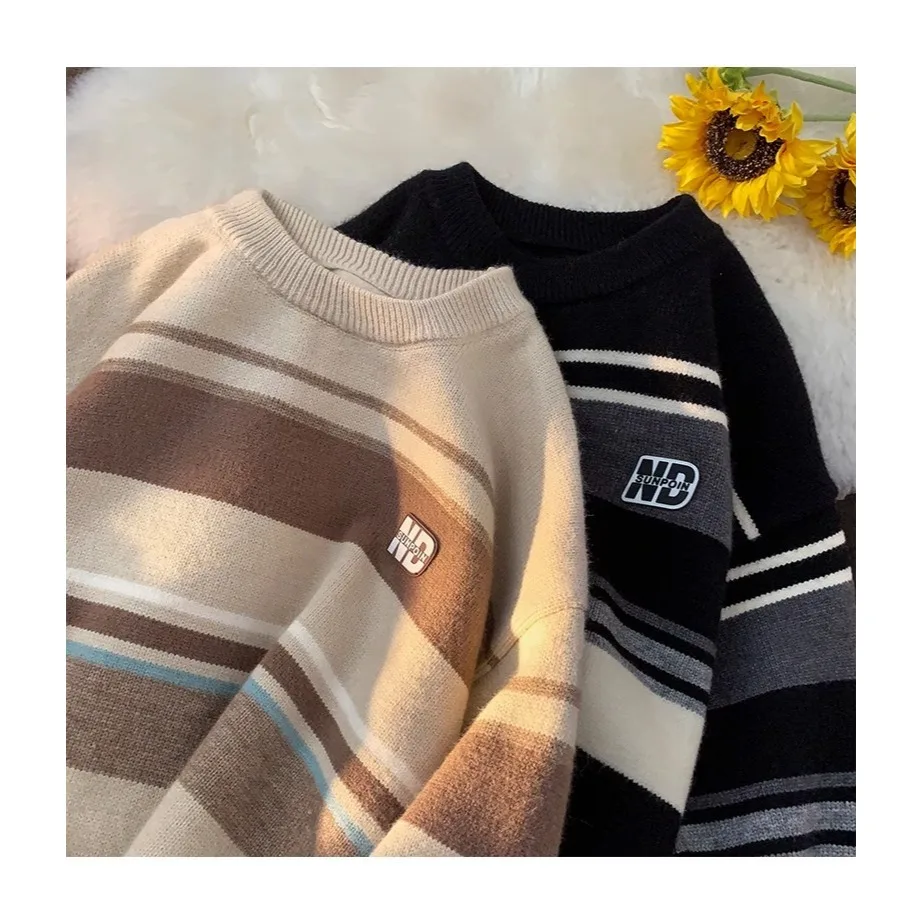 

Модный мужской трикотаж в полоску большого размера, повседневный свободный крой, осень-зима, длинный свитер из полиэфирного волокна, круглый свитер Ne