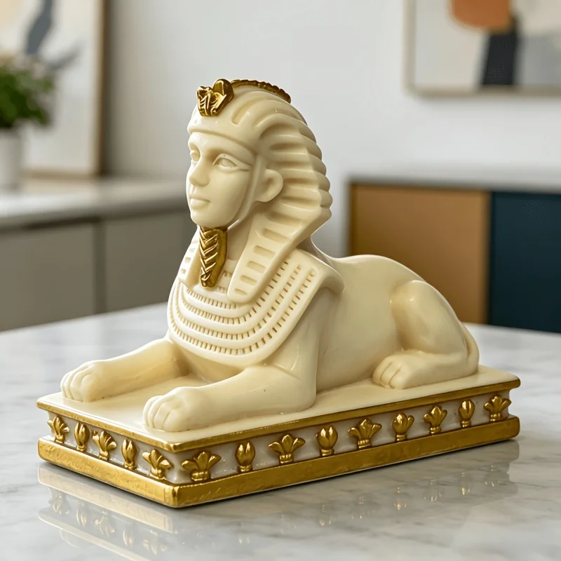 Ivory White Gilded Egyptian Sphinx Resin Statue, Vintage Egypt Pharaoh Desktop Ornament, Retro Home Decor Craft Gift