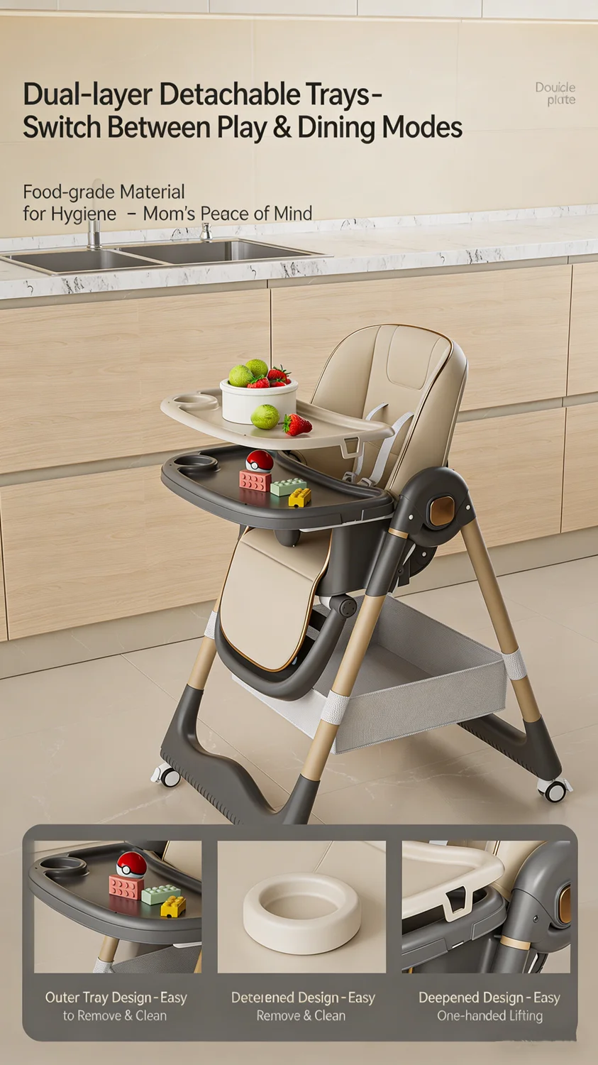 High Chairs for Babies and Toddlers, Foldable High Chair with Lockable Wheels, 4-in-1 Convertible, Adjustable Reclining Seat