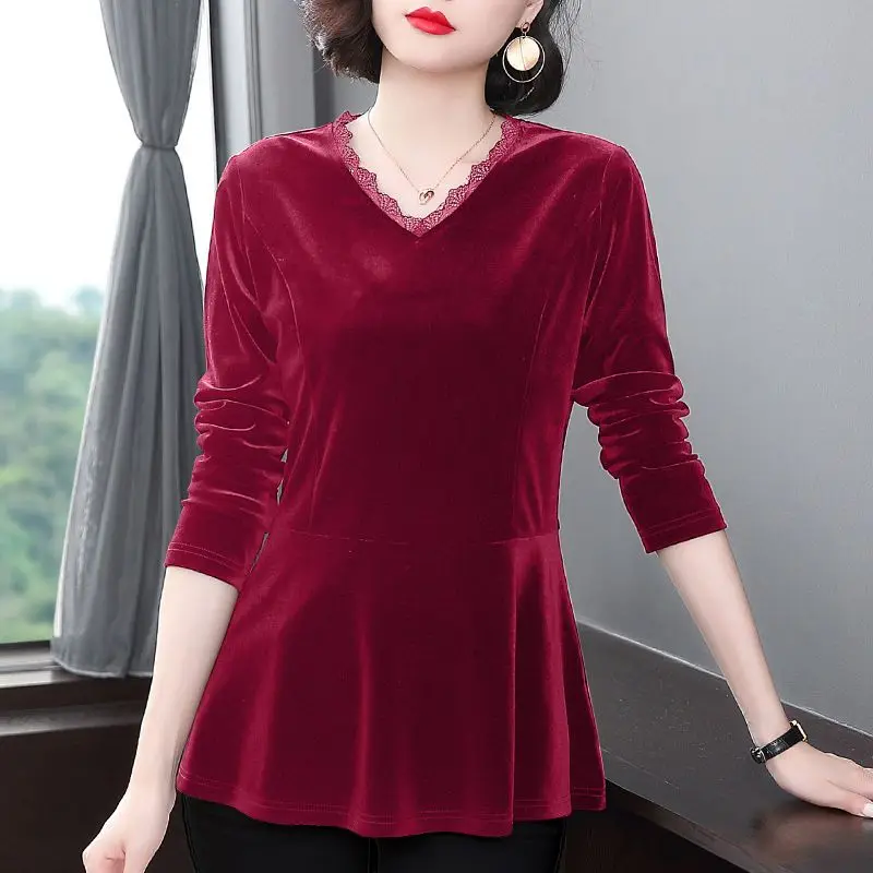 

Fashion Mid Length Gold Velvet Bottoming Shirt New Solid Color Top Spring Autumn Long Sleeve T-shirt for Women TT630