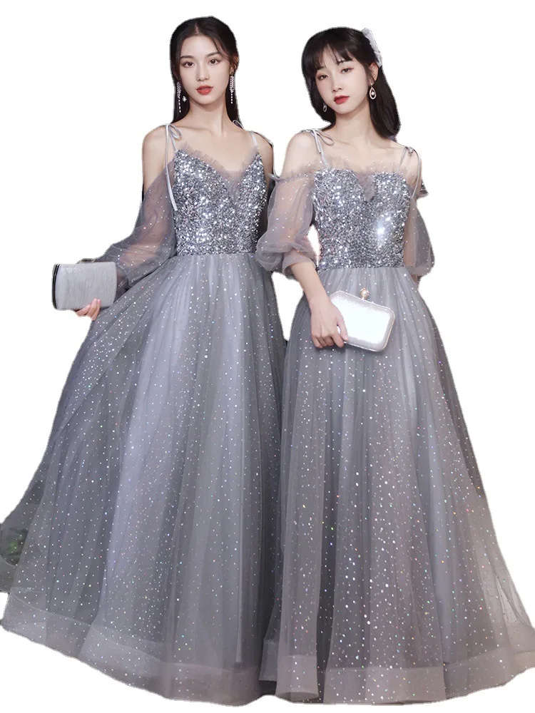 Gray Spaghetti Strap Off-the Shoulder Women Appliques Bridesmaid Dress Fashion Lantern Short Sleeve Starry Lace Up Dress