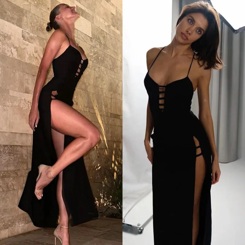 สปาเก็ตตี้เซ็กซี่ตัดออกชุดBodycon EdgyเอวสูงSlit MaxiชุดElegant Vคอชุดผู้หญิงใหม่ชุดงบ