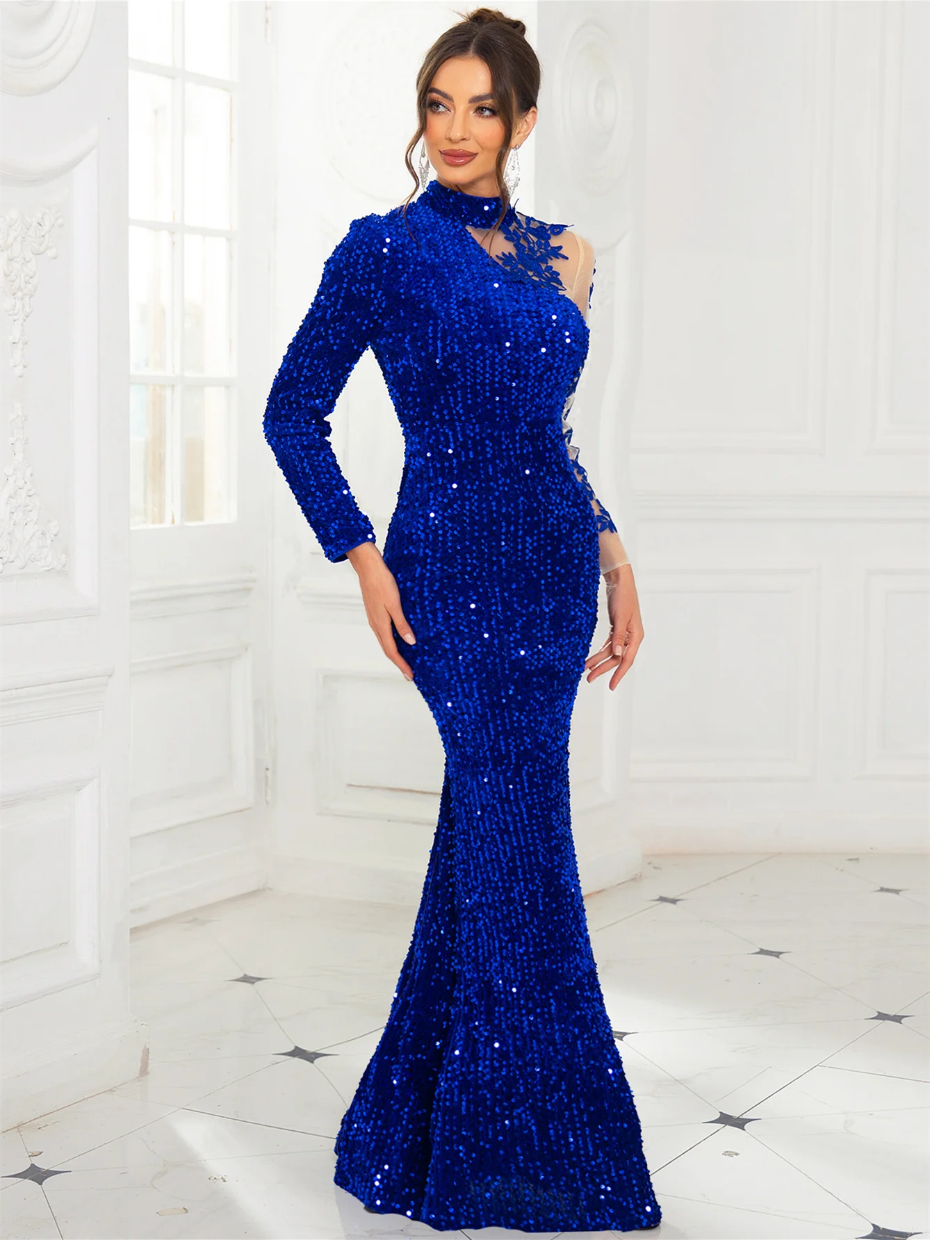 فستان سهرة مخملي مطرز بالزهور من الدانتيل بأكمام طويلة وياقة واقفة فستان حفلات طويل مجوف للنساء #6