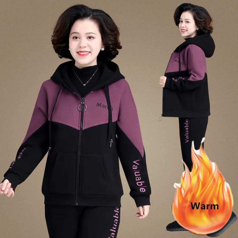 Winter Warm 2 Pieces Sets Hooded Plush Lined Tracksuit High Waist Harem Pants Suit Plush Lined Thick Jogger Woman Outfit