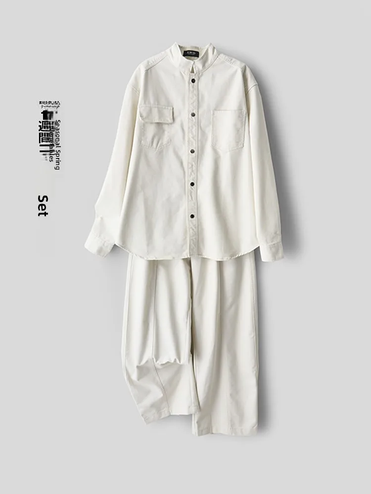 

Retro Faionable Men's Denim Jaet And Wide Leg Jeans Set Waed Stand Collar irt Cotton Polyester Blend Autumn Wear