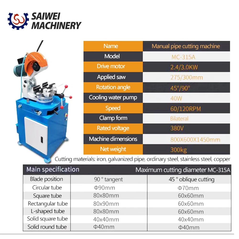 Mc-315 Manual Metal Circular Saw Pipe Cutting Hine