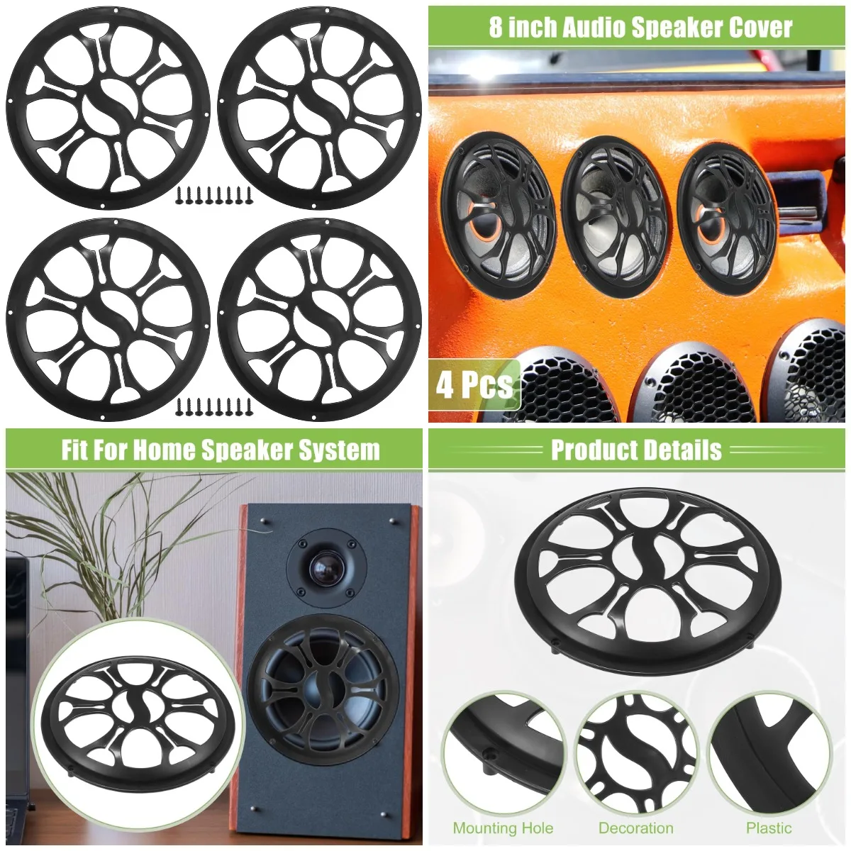 

8' Car Speaker Grills Cover, Round ABS Black Protector with Screws - Pack of 4