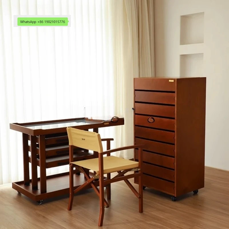 HJ walnut color mobile convenient oil painting storage base map cabinet four open art room living room drawing board shelf