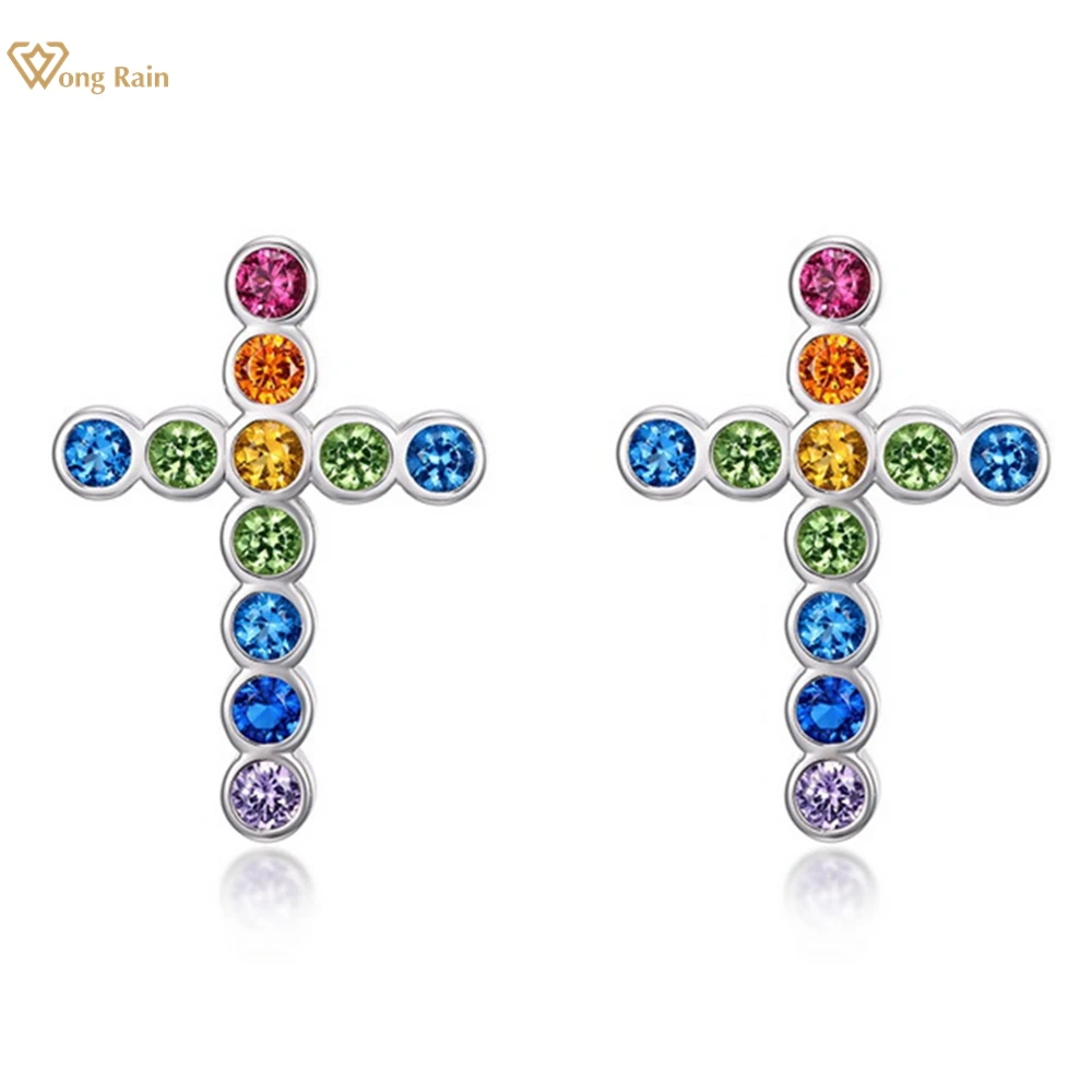 

Wong Rain 18K Gold Plated 925 Sterling Silver Colorful Lab Sapphire Gemstone Cross Studs Earrings Jewelry for Women Wholesale