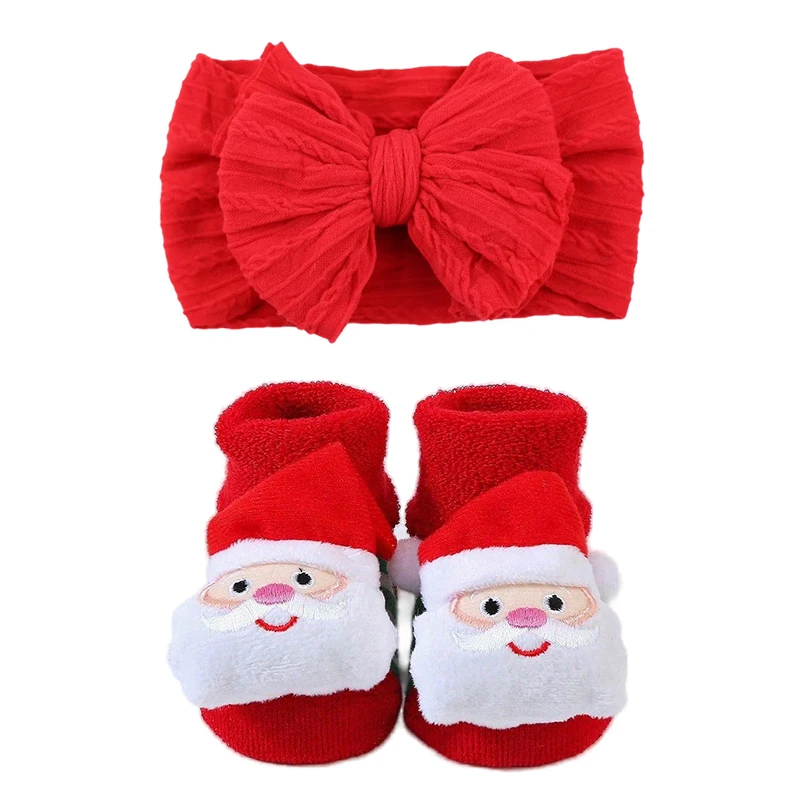 Gift Christmas Nylon Red Bow Headband Baby Infant Warm Socks Newborn Baby Girl Socks Headband Set Children Hair Accessories 0-1T