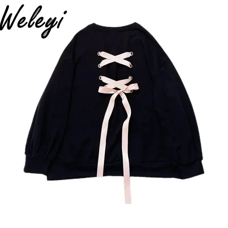 Sweet Lace-up Hoodie Female Student 2024 Spring and Autumn New College Style Soft Girl Loose Cute Bow Tie Long Sleeve Sweatshirt