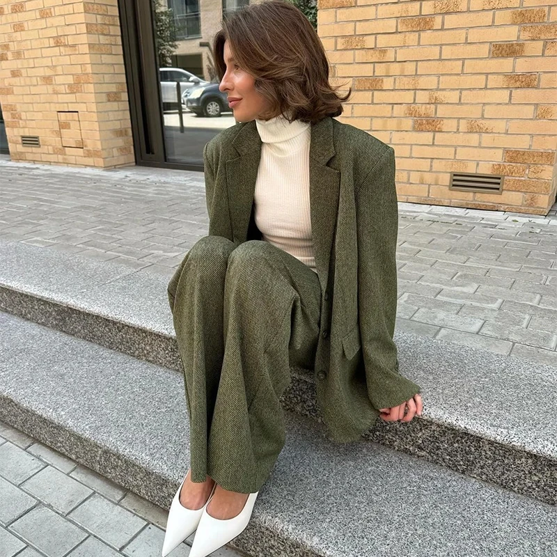 Vintage Single Breasted Blazer Sets Women Long Sleeve Single Breasted Blazer Wide Leg Pants 2024 Autumn Lady Lazy Street Outfits