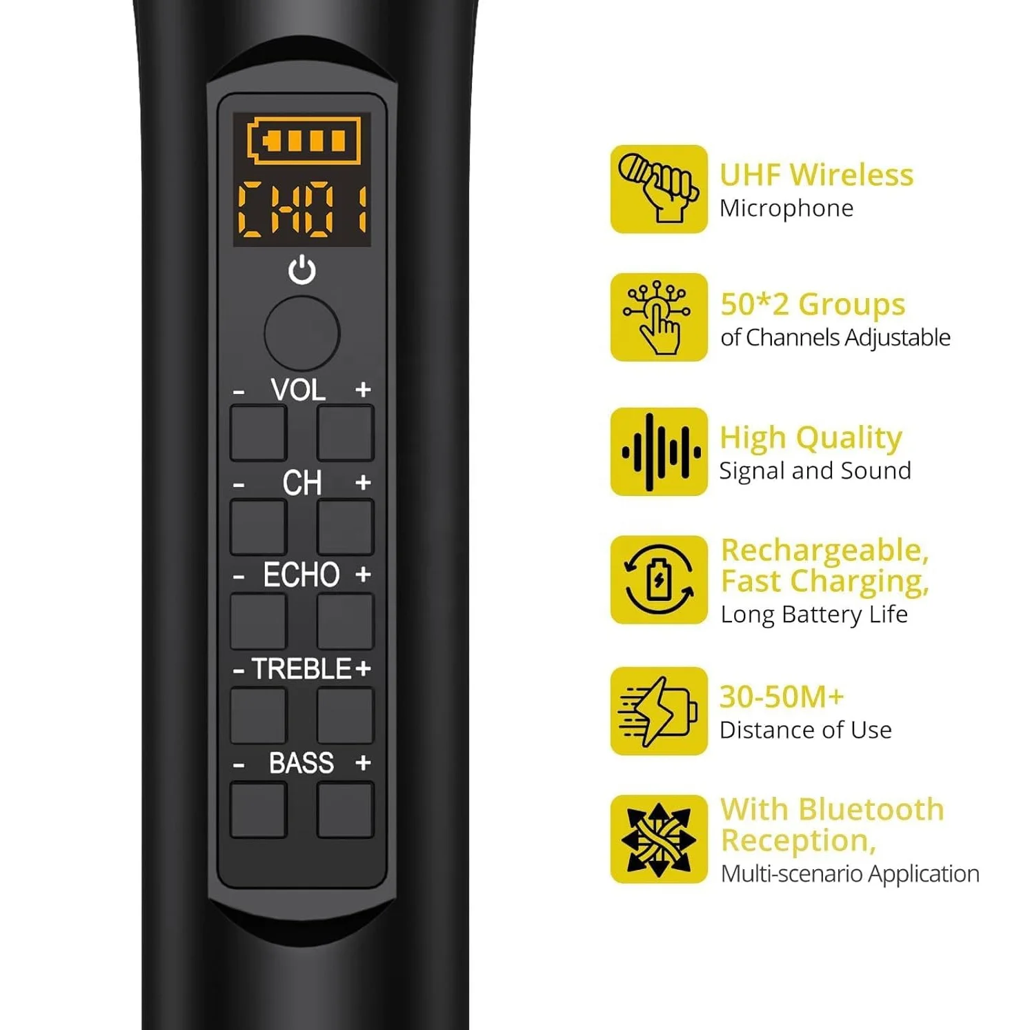 Sistem Mikrofon Karaoke Dinamis Genggam Ganda UHF Isi Ulang Nirkabel dengan Kontrol Treble Bass