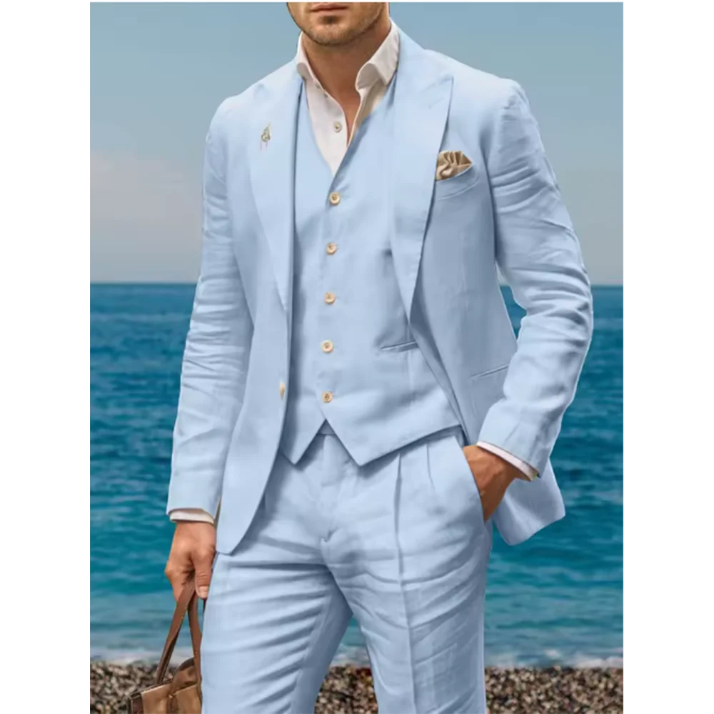 

2025 Summer Linen Casual Suits For Men Slim Fit Peaked Lapel Solid Tuxedo Three Piecs Mens Custom Suits