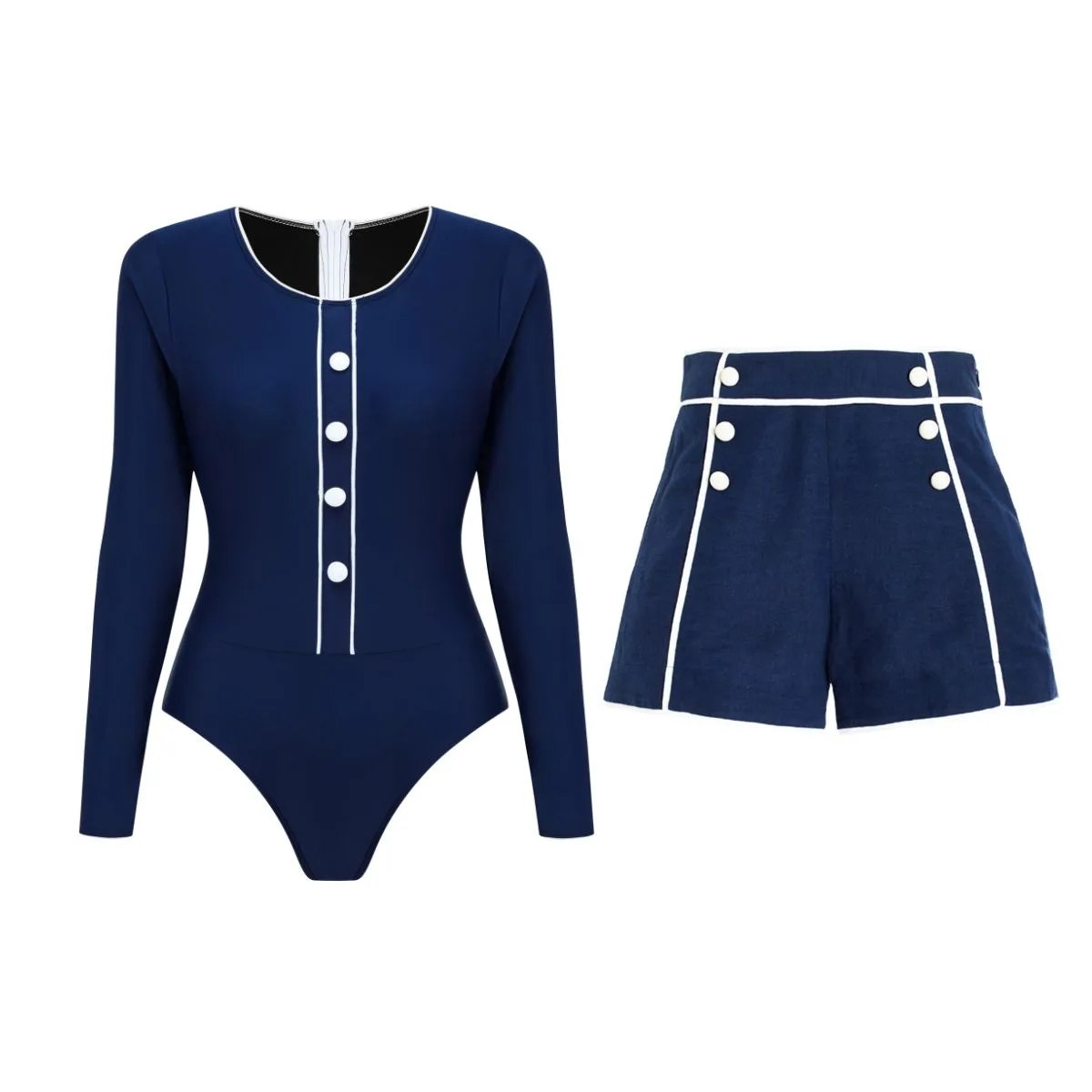 One Piece Swimsuit For Women European And American Swimwear Long-sleeved Navy Surf Suit One-piece Swimsuit Shorts Suit Women