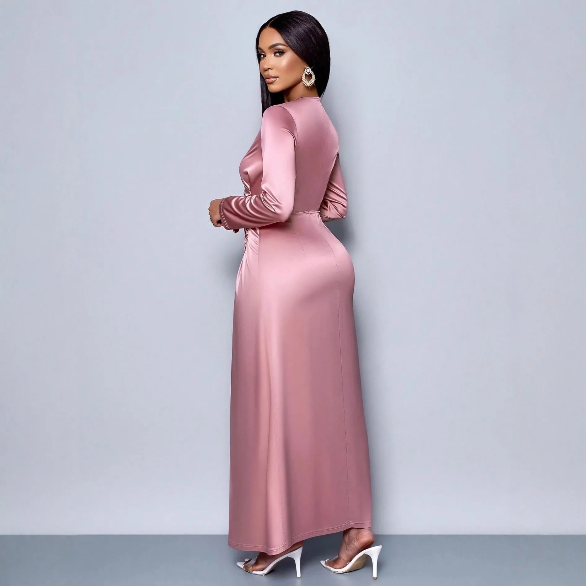Dress Midi Pencil Round Neck Long Sleeve Dresses Maxi Ruched Waist Slim Fit Evening Dress Floor Length Black Satin Cocktail