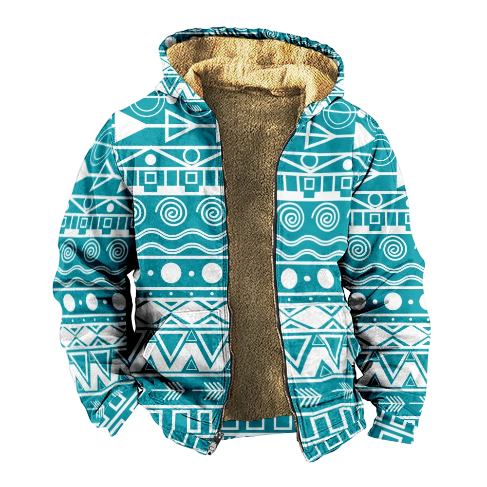 Chaquetas de invierno para hombre, abrigos, moda azul bohemio patrón geométrico ropa de algodón abrigo con capucha playa gótica