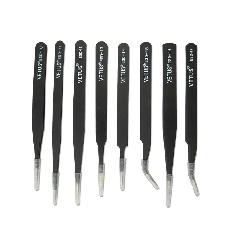 VETUS ESD Anti‑Static Precision Tweezers Kit 8 Pcs Straight Bent Tip Manual Tools for BGA Rework Welding Electronic Maintenance