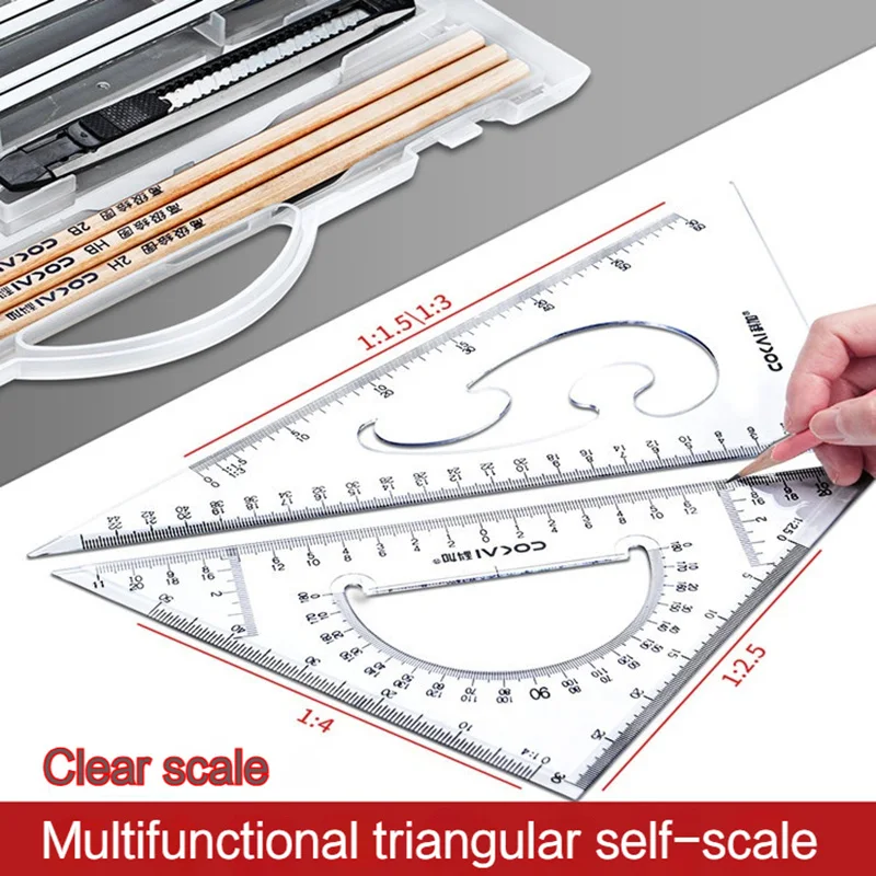 Premium Drawing Tool Ruler Set 30/45 Degree Triangle Ruler Protractor Compass Pencil Multi-Function Measurement Drafting Kit