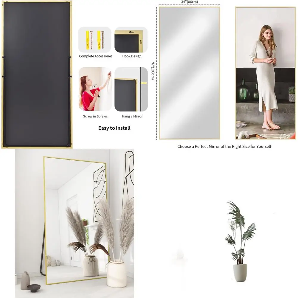 

Зеркало напольное для спальни 76 x 34 дюйма, в полной рамке, с подставкой, большая золотая рама, универсальное: можно опрокидывать, ставить на пол или вешать на стену