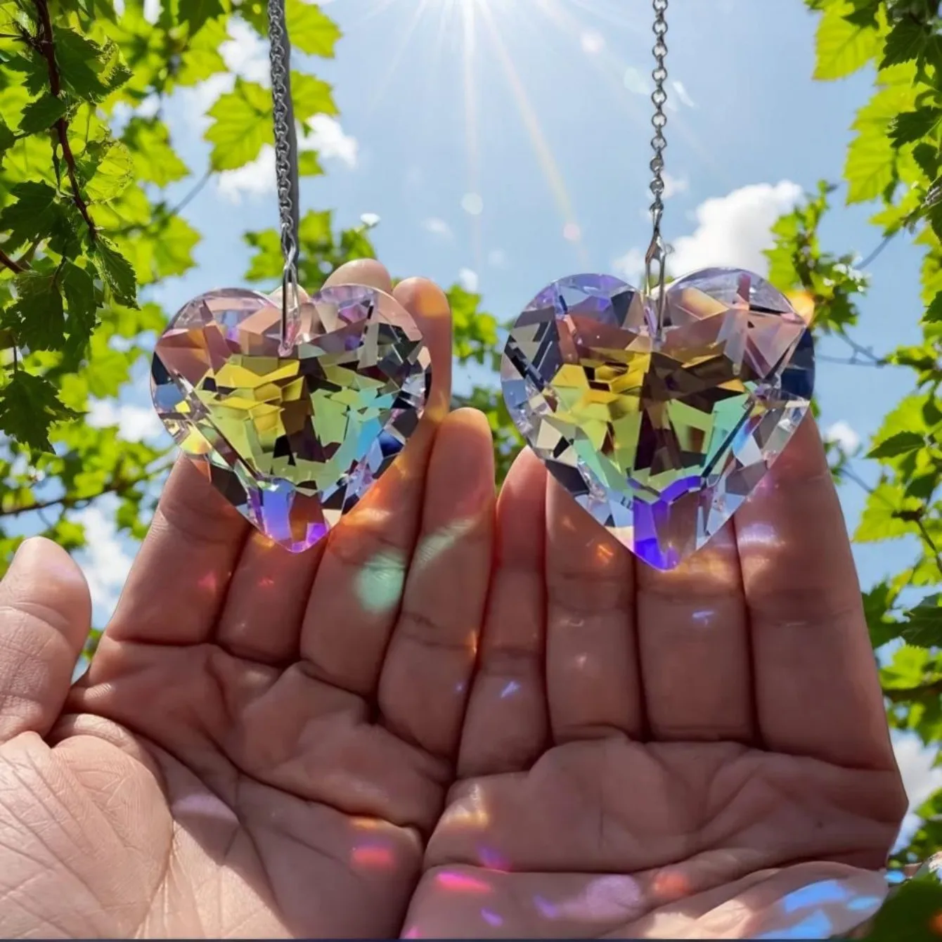 2pcs Heart-Shaped Crystal Sun Traps, A Rainbow-Making Device for Windows, and a Hanging Garden Sun Trap with Glass Prisms