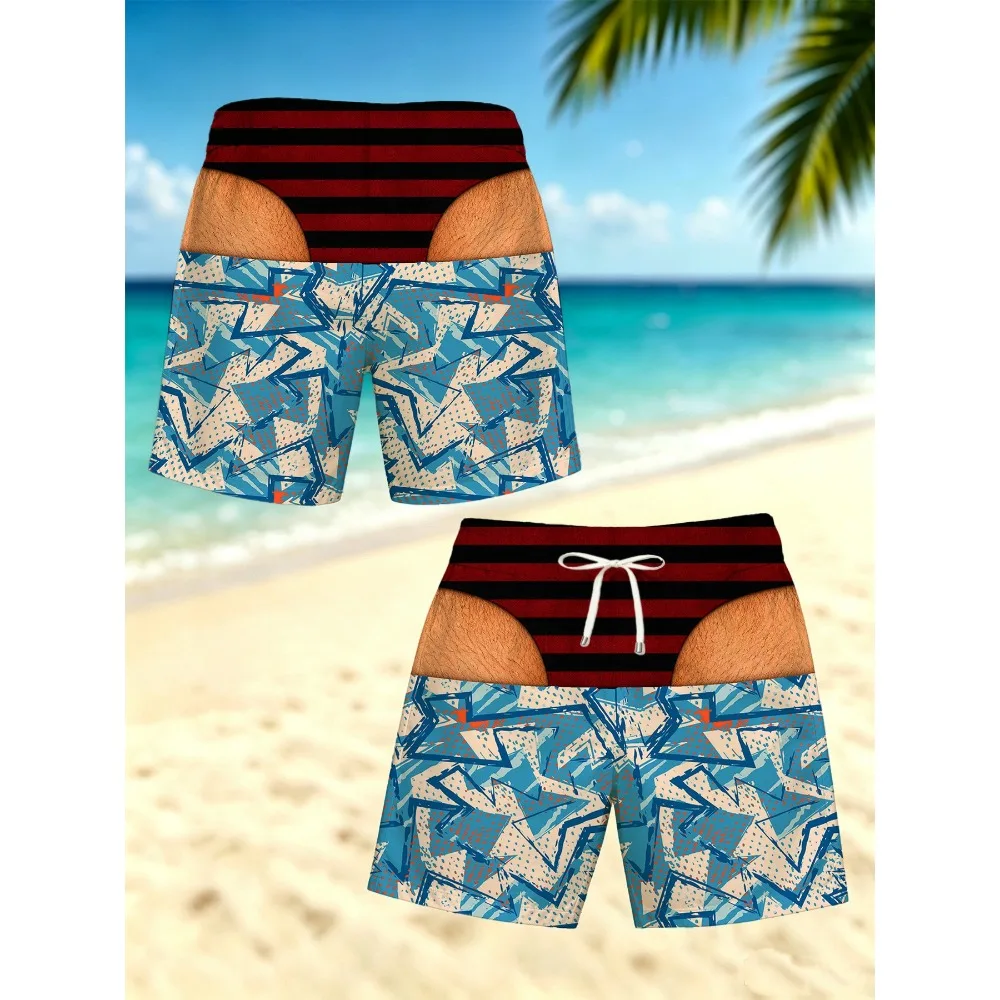 Funny 3D Optical Illusion Men's Swim Trunks Fake Butt Geometric Star Graffiti Red Black Striped Waist Quick Dry Drawstring Beach