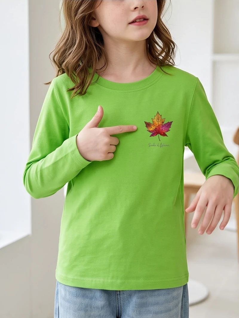 Girls Autumn Cotton Long‑Sleeve Top Crew Neck Fall Maple Leaf Chest Print Soft Breathable Casual Daily T-shirt Multi‑Colors