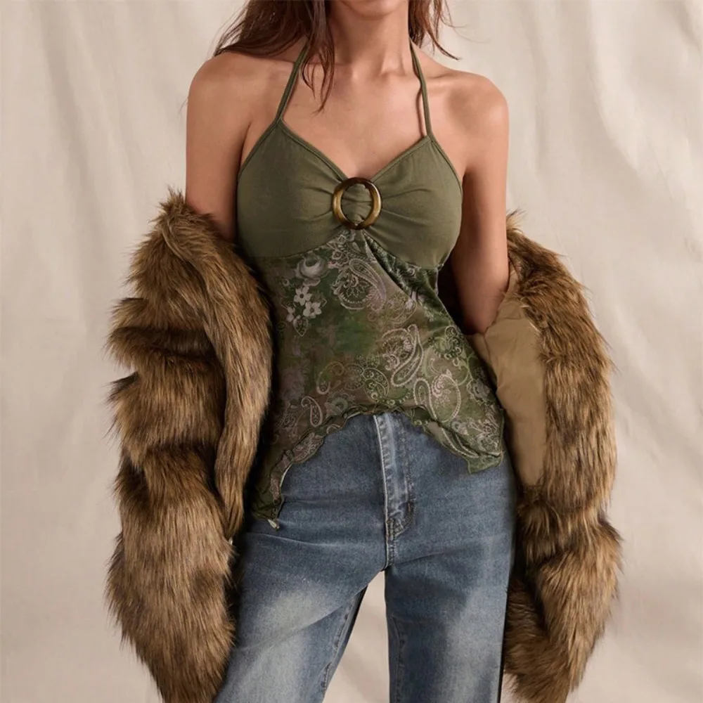 Printed Mesh Halter Cami Top Asymmetrical Hem Ruched Bust Off Shoulder Top Sheer Overlay Bodycon Fit Tank Tops Women's Fashion