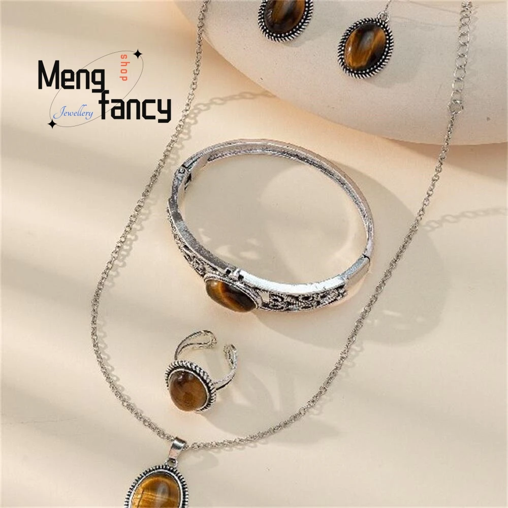 

Natural Fashion Ethnic Style Tiger's Eye Stone Necklace Earrings Ring Bracelet Best Selling Elegant Silver Jewelry Set For Women