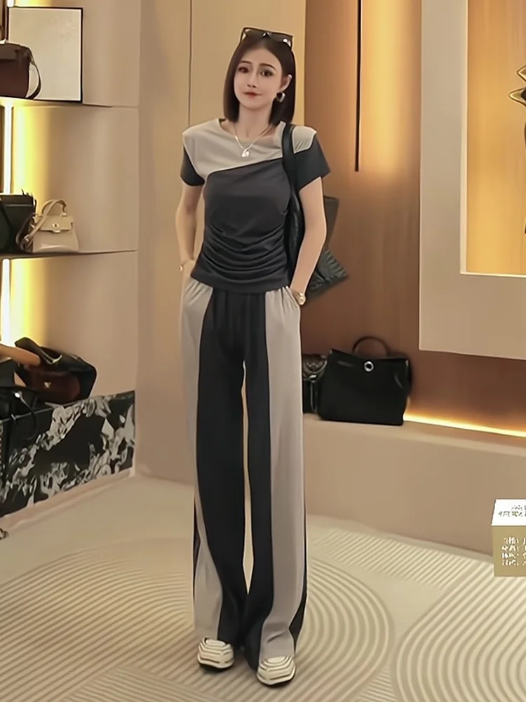 

Summer Casual Sportswear Set Women's Design Color Block Slim Fit Short Sleeve Top Wide Leg Pants Two Piece Set Cotton round Neck