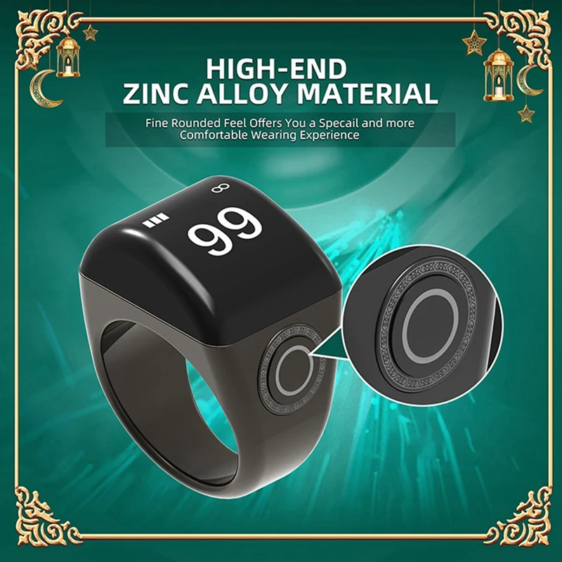 Zinc Alloy Smart Ring With Charging Box Waterproof Digital Counter APP Controlled Display 5 Prayer Time Reminders Silver,22Mm