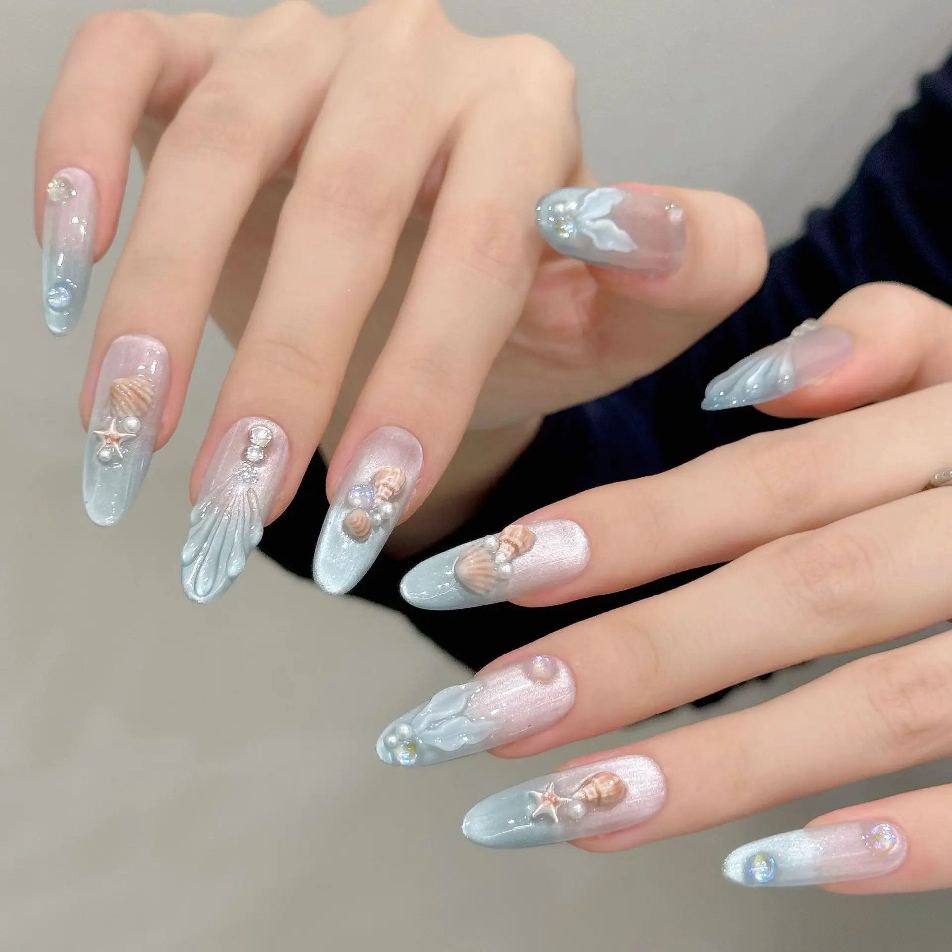 10 PCS Luxury Handmade Press on Nails Long Oval Spray cat's eye Design with 3-PIECE Tool Adhesive Nail Glue Tabs