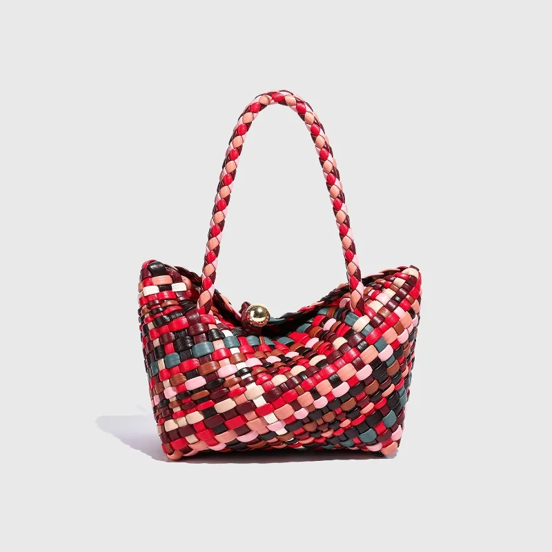 

Handmade Colorful Splicing Weave Handbag for Women Fashion Soft Leather Shoulder Crossbody Bag Elegant Square Shape Commuter Bag