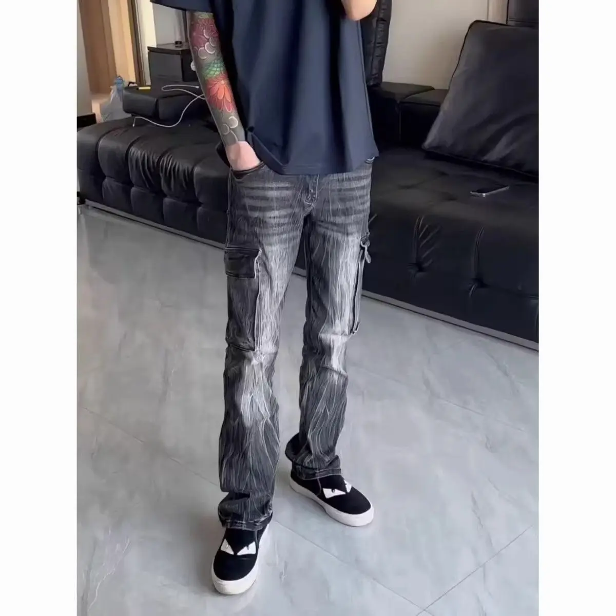 Cleanfit 3D Digital Print Distressed Washed Wide Leg Men's Jeans Slim Fit Long Pants American High Street Style Polyester Cot...