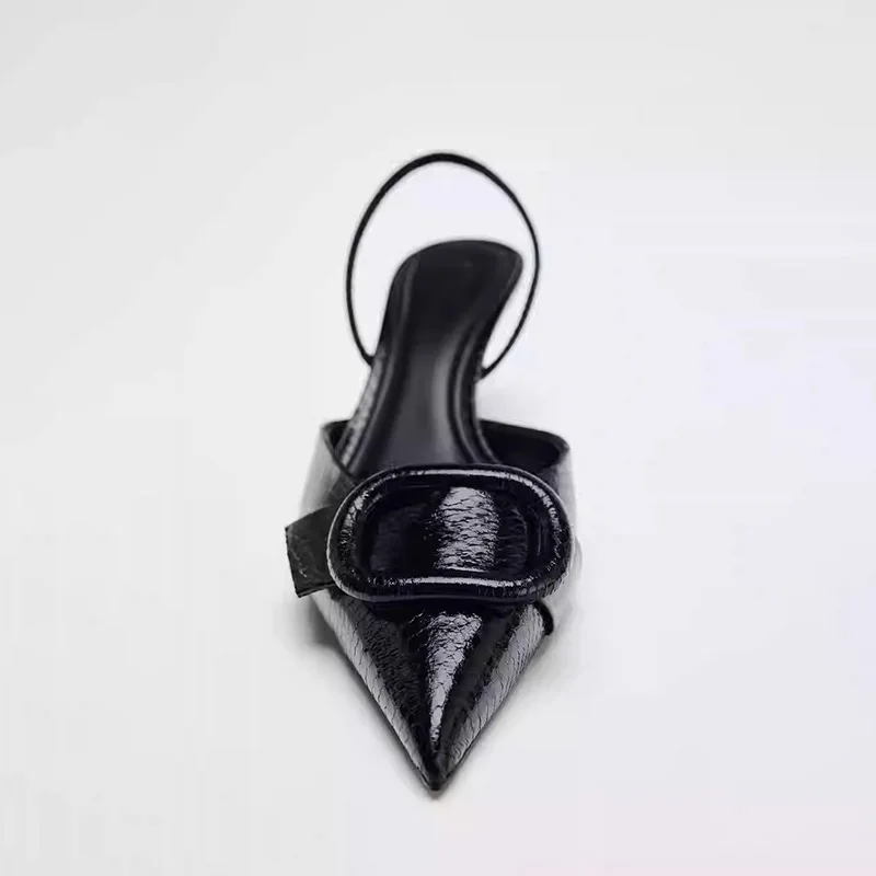 TRAF Black Snake Scale Texture Pumps Woman's Point Head Open Toe Slingbacks New Fashion Sexy Stilettos Shoes For Woman Sandals