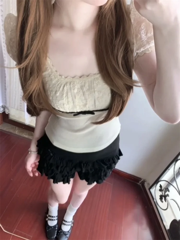Women Square Neck Lace Trim T Shirt Cute Aesthetic Short Sleeve Crop Top Vintage Slim Fit Harajuku Shirts Y2K Casual Wear