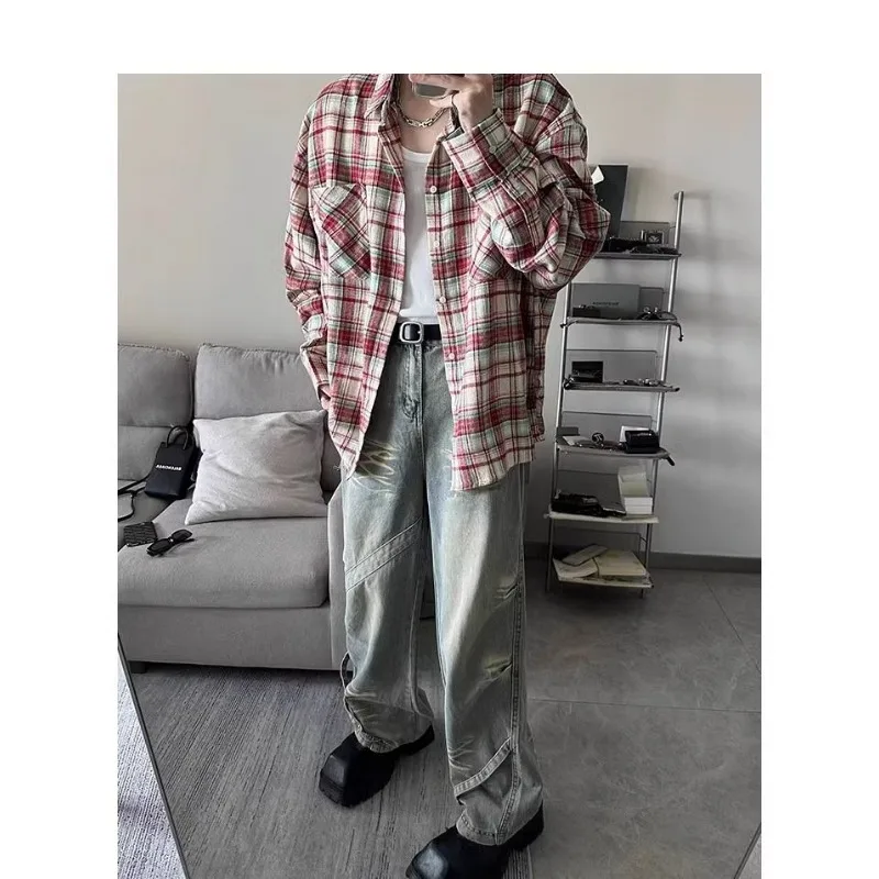 Men American Style Oversized Plaid Shirt Casual Loose Long Sleeve Workwear Blouse