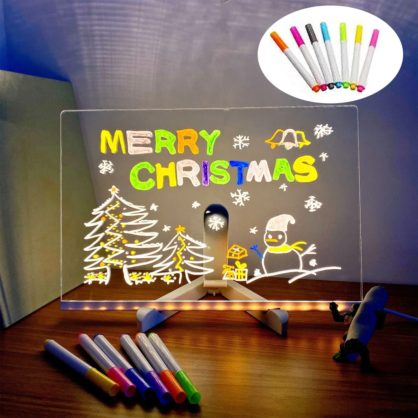 LED Note Board with Stand and Seven Colored Pens Office Study Memo Acrylic Erasable Writing Board for Restaurant Bar Promotion