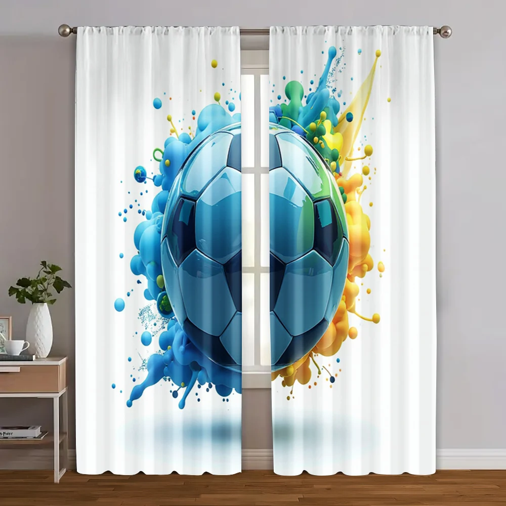 2pcs Football Print Curtains Dynamic Soccer Ball with Colorful Paint Splash Pattern Polyester Window Drapes for Kids Room Decor