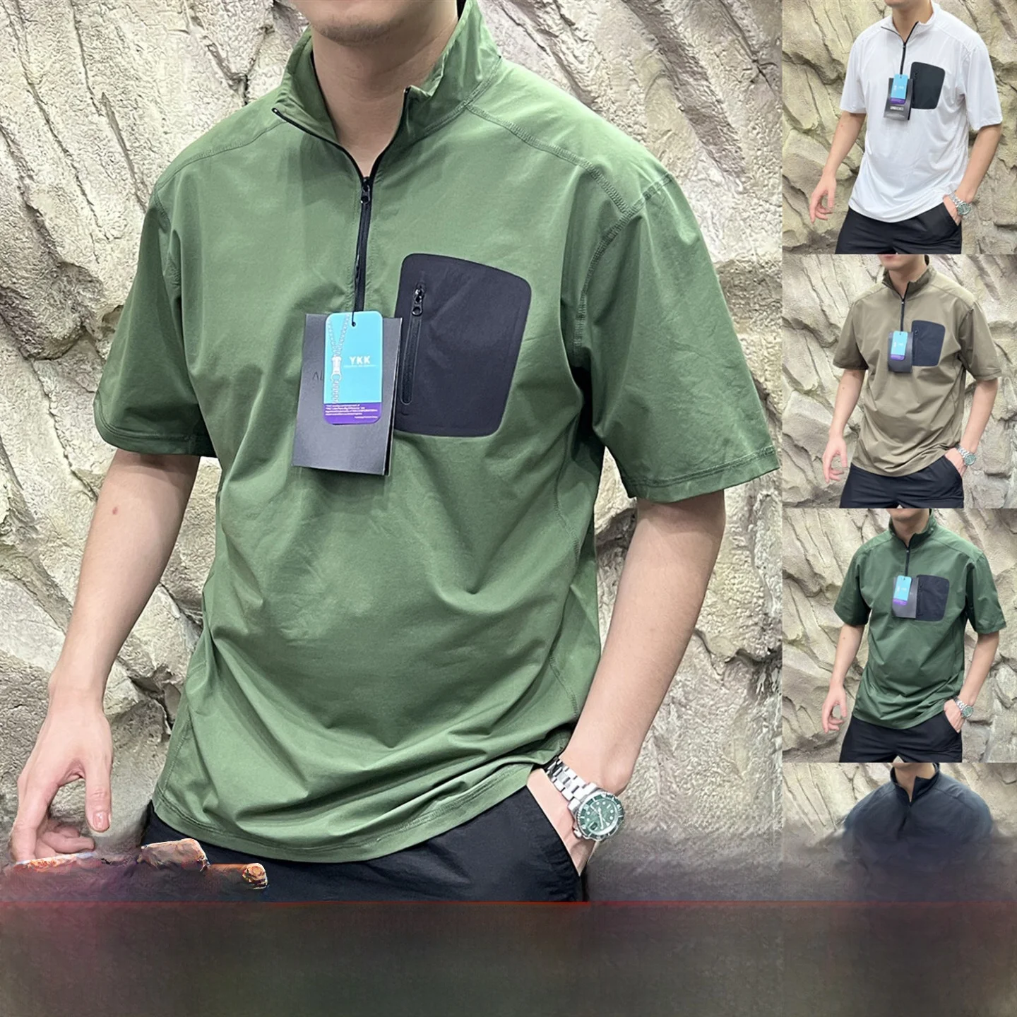 アウトドア メンズ オルト スヴェ Tシャツ カジュアル ジップ付き 伸縮性 ポリエステル クイックドライ 夏 ファッショナブル ベーシック ラウンドネック トップス